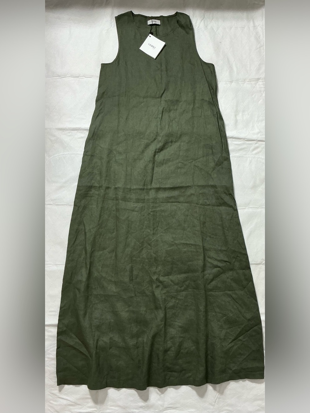 Visible Art 100% Linen Sleeveless Maxi Dress Pockets Green M NWT